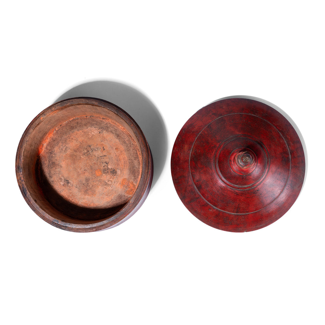 Interior Of Indian Red Lacquer Pot From Uttar Pradesh With Finial Lid And Aged Patina