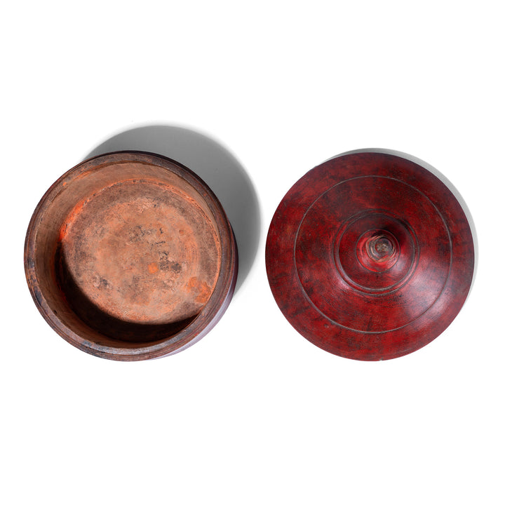 Interior Of Indian Red Lacquer Pot From Uttar Pradesh With Finial Lid And Aged Patina