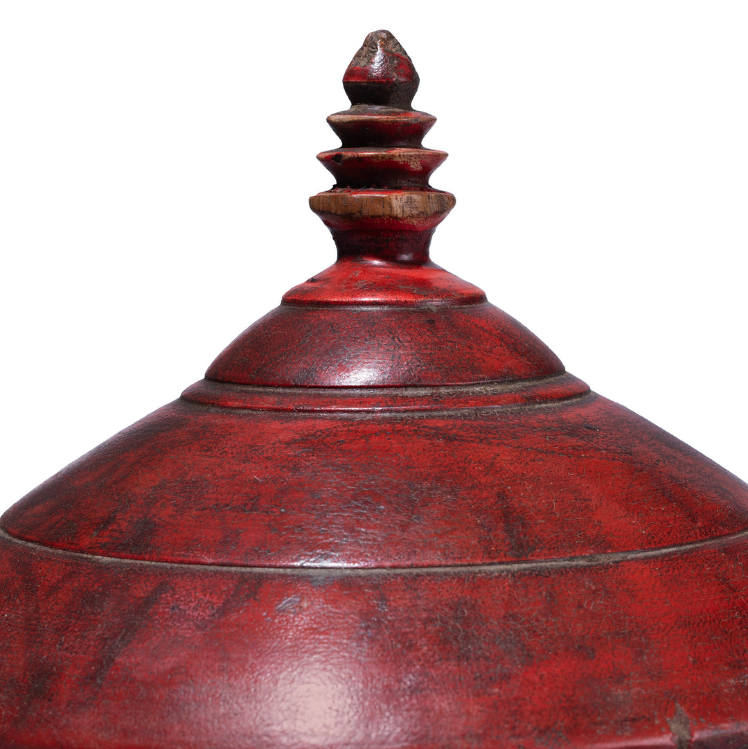 Lid Detail From Indian Red Lacquer Pot From Uttar Pradesh With Finial Lid And Aged Patina