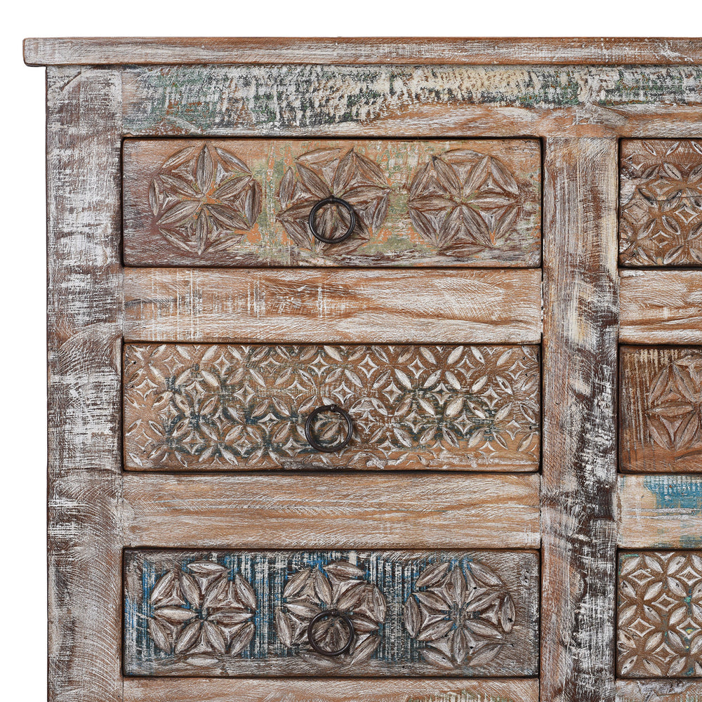 Corner Detail From Reclaimed Teak Chest Of Drawers With Old Paint | Indigo Antiques