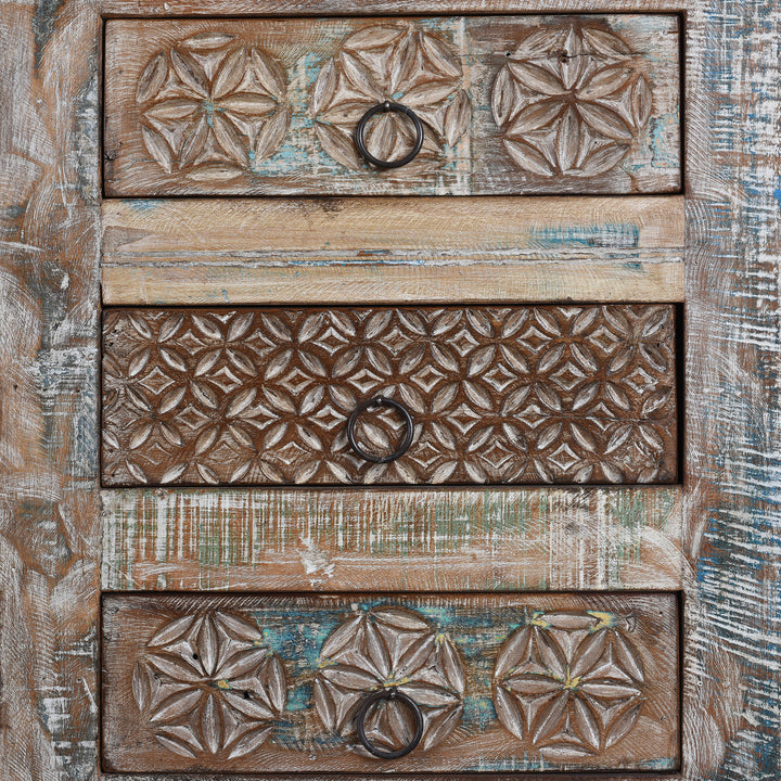 Drawer Carving Detail From Reclaimed Teak Chest Of Drawers With Old Paint | Indigo Antiques