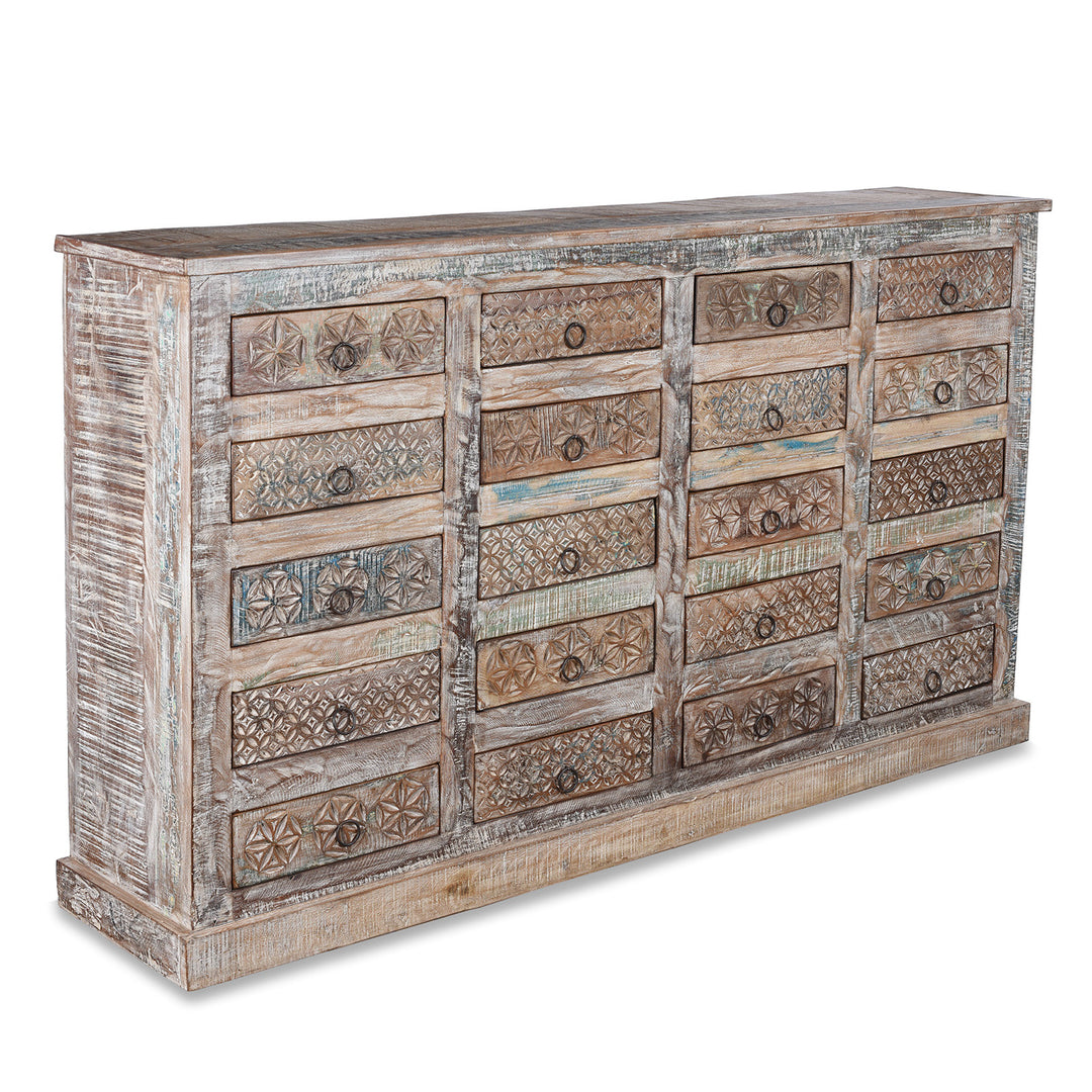 Angled VIew Of Reclaimed Teak Chest Of Drawers With Old Paint | Indigo Antiques