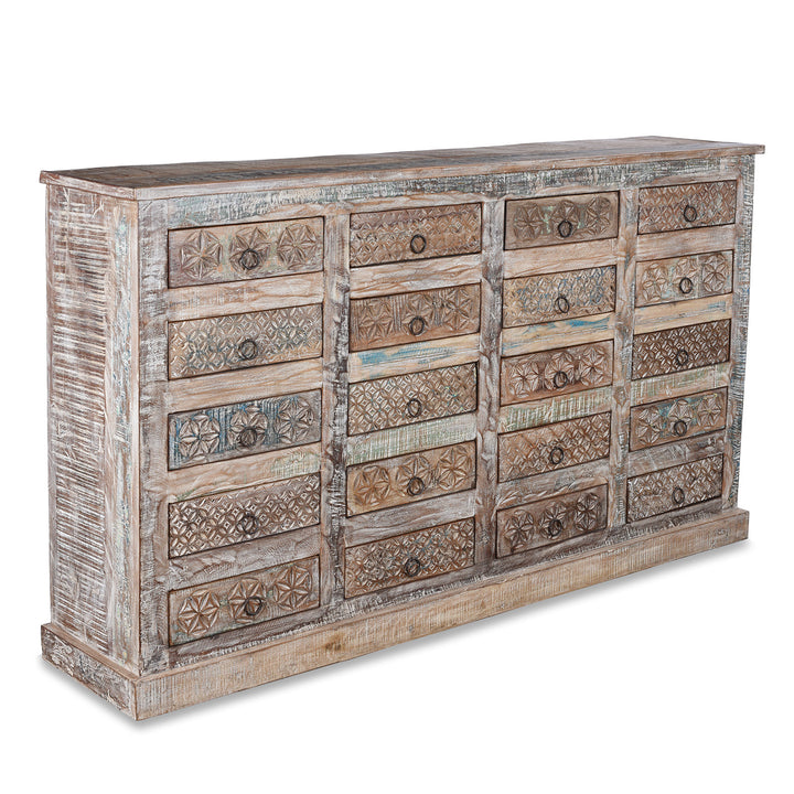 Angled VIew Of Reclaimed Teak Chest Of Drawers With Old Paint | Indigo Antiques