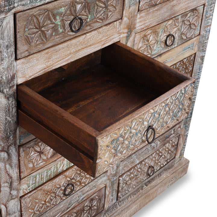 Open Drawer Detail From Reclaimed Teak Chest Of Drawers With Old Paint | Indigo Antiques