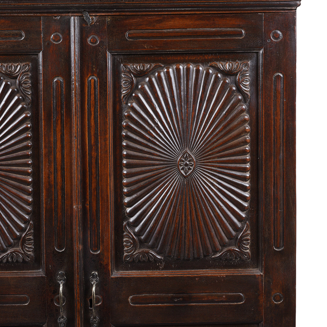 Sunburst Detail From Antique Indian Teak Almirah Cabinet With Hand Carved Sunburst Panels And Rich Aged Patina 