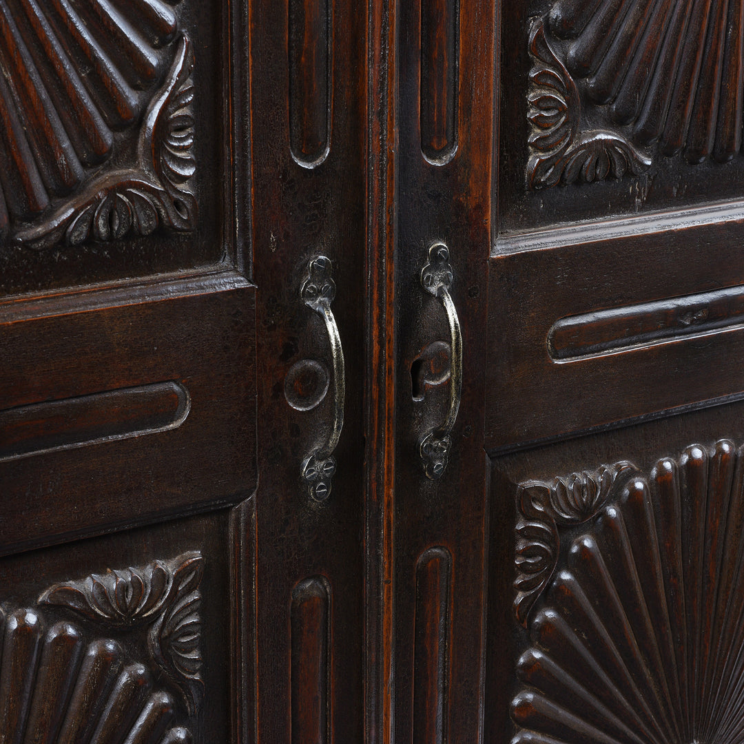 Handles Detail From Antique Indian Teak Almirah Cabinet With Hand Carved Sunburst Panels And Rich Aged Patina