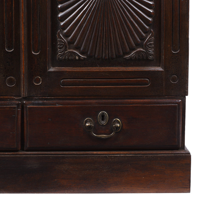 Drawer Detail From Antique Indian Teak Almirah Cabinet With Hand Carved Sunburst Panels And Rich Aged Patina