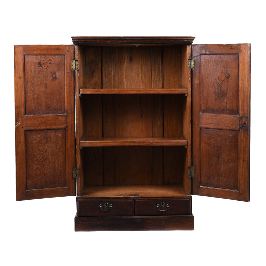 Open View Of Antique Indian Teak Almirah Cabinet With Hand Carved Sunburst Panels And Rich Aged Patina