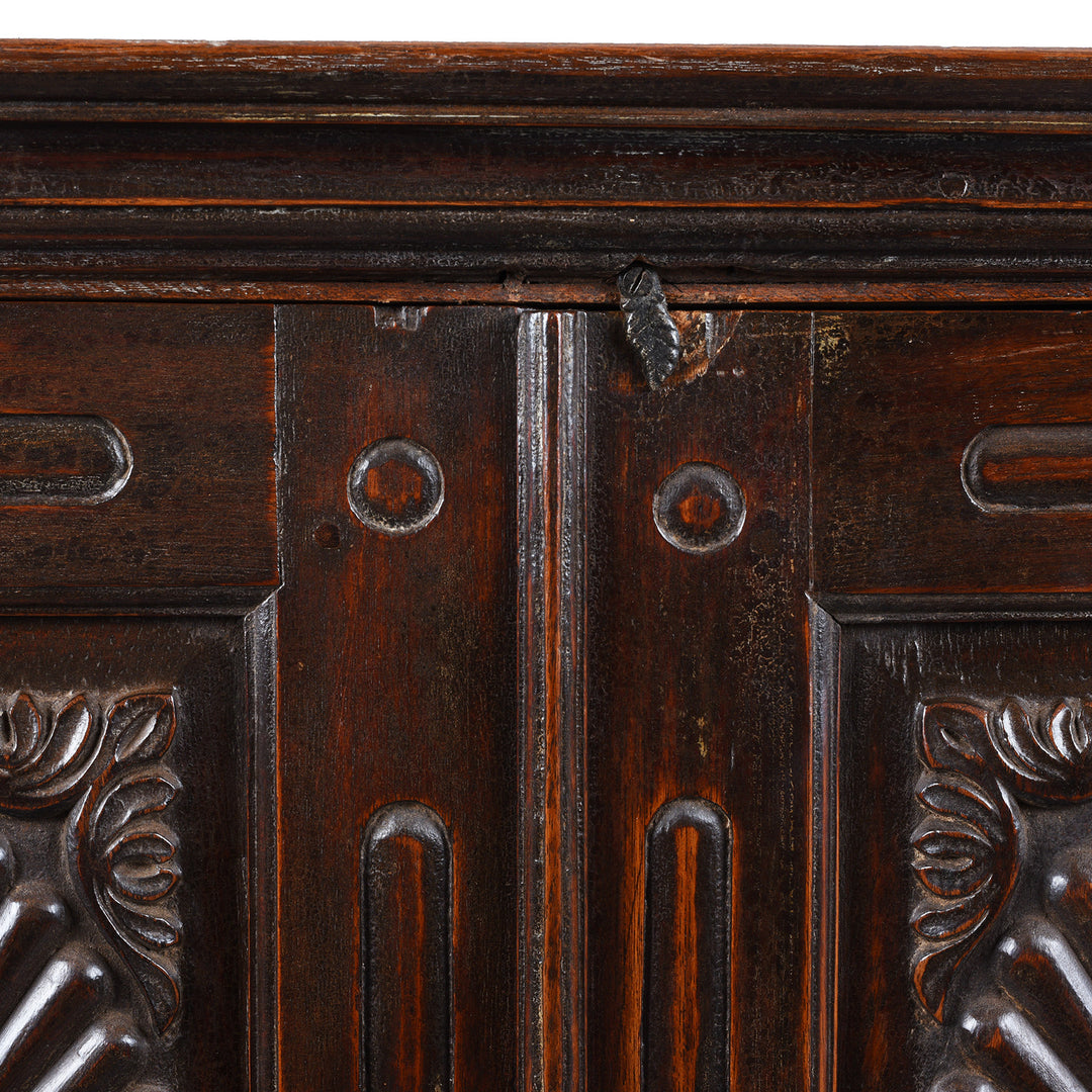 Latch Detail From Antique Indian Teak Almirah Cabinet With Hand Carved Sunburst Panels And Rich Aged Patina
