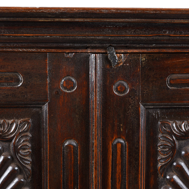 Latch Detail From Antique Indian Teak Almirah Cabinet With Hand Carved Sunburst Panels And Rich Aged Patina