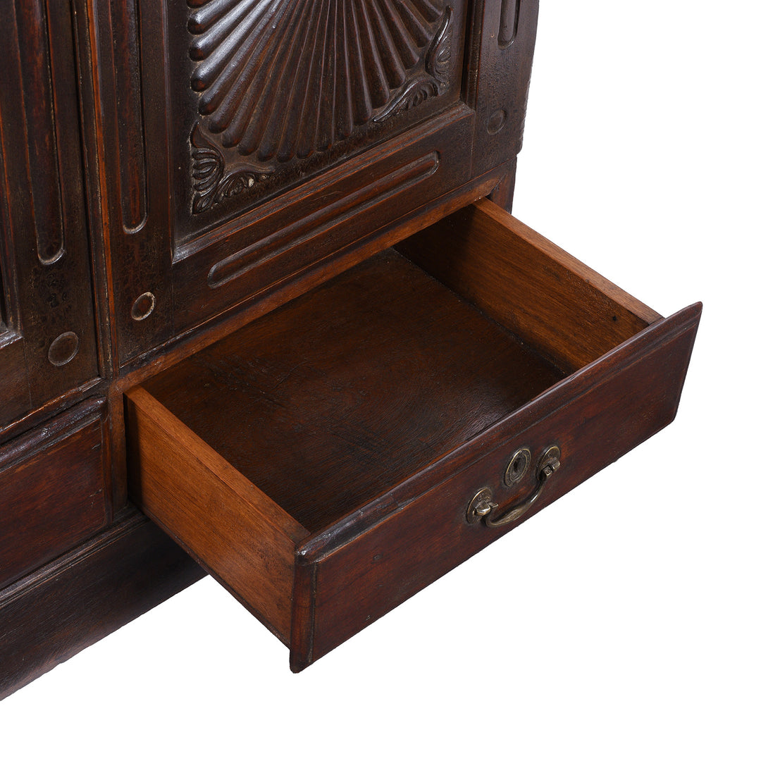Drawer Detail From Antique Indian Teak Almirah Cabinet With Hand Carved Sunburst Panels And Rich Aged Patina