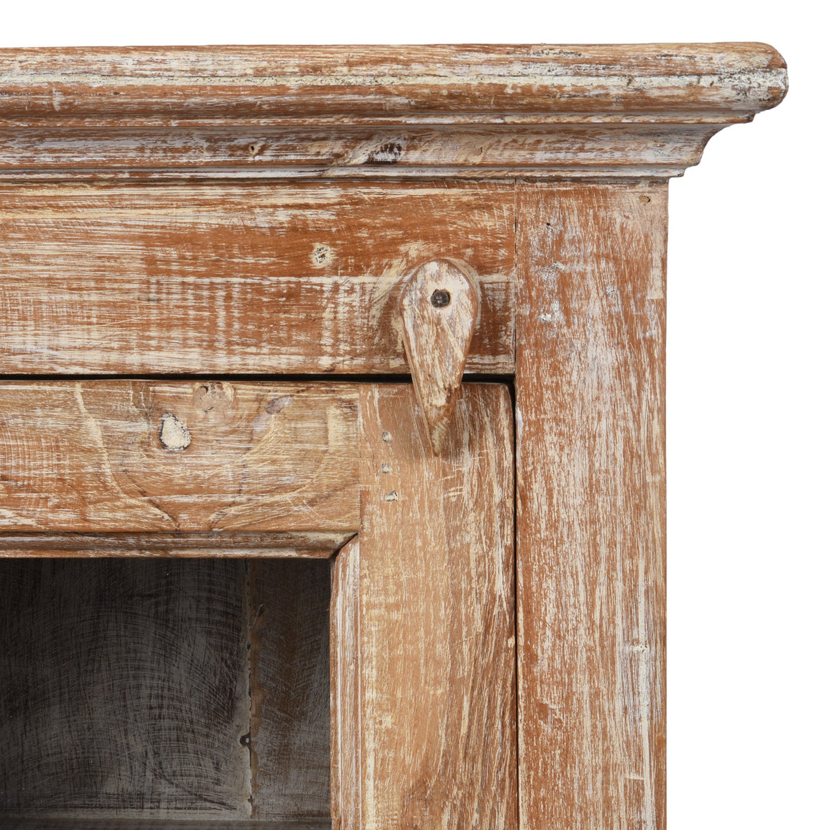 Corner Detail Showing latch On Painted Indian Glazed Wall Cabinet | Indigo Antiques