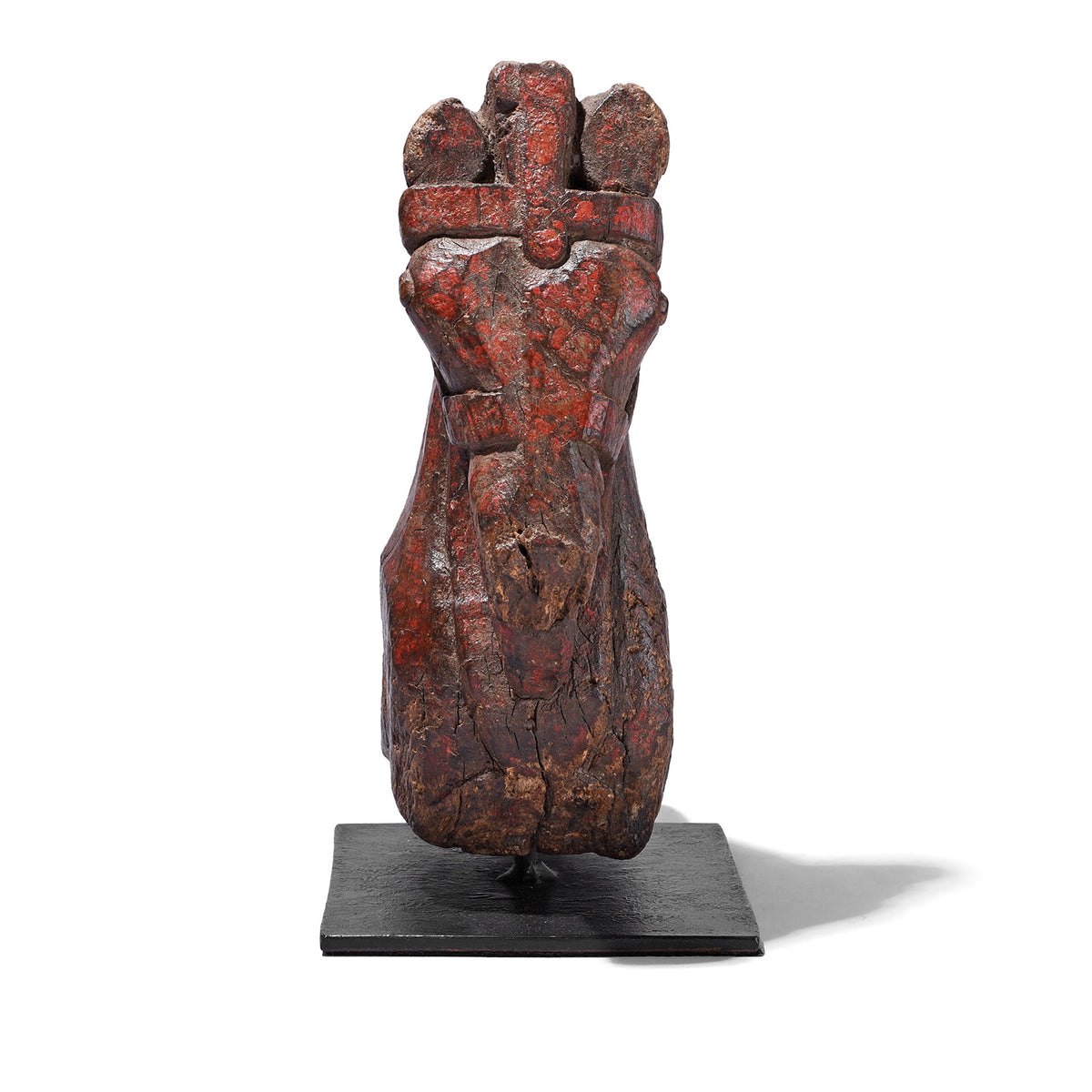 Front View Of Antique Indian Carved Teak Horse Head Corbel On Stand | Indigo Antiques