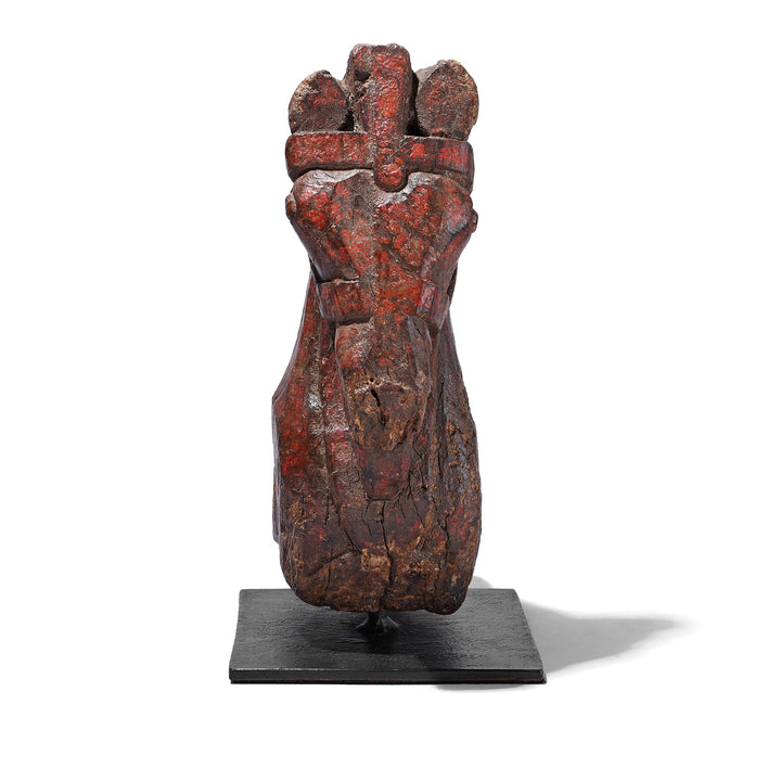 Front View Of Antique Indian Carved Teak Horse Head Corbel On Stand | Indigo Antiques