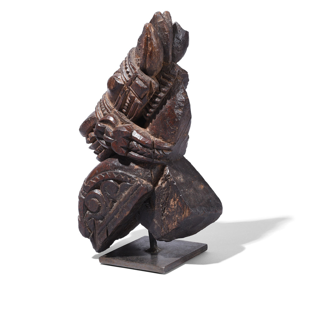 Rear View Of Carved Teak Horse Head Architectural Corbel On Iron Stand From Gujarat 19th Century