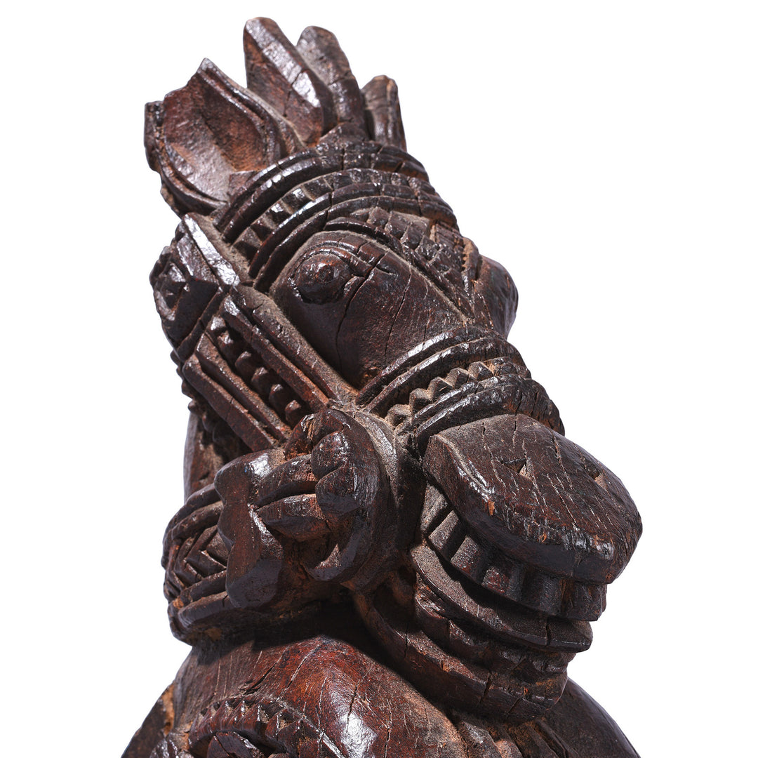 Face Detail From Carved Teak Horse Head Architectural Corbel On Iron Stand From Gujarat 19th Century