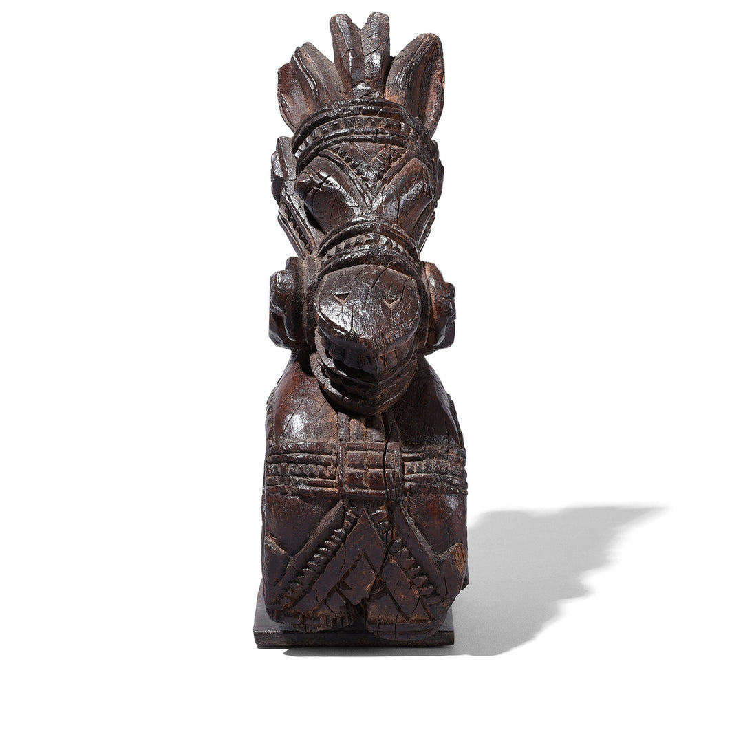 Front View Of Carved Teak Horse Head Architectural Corbel On Iron Stand From Gujarat 19th Century