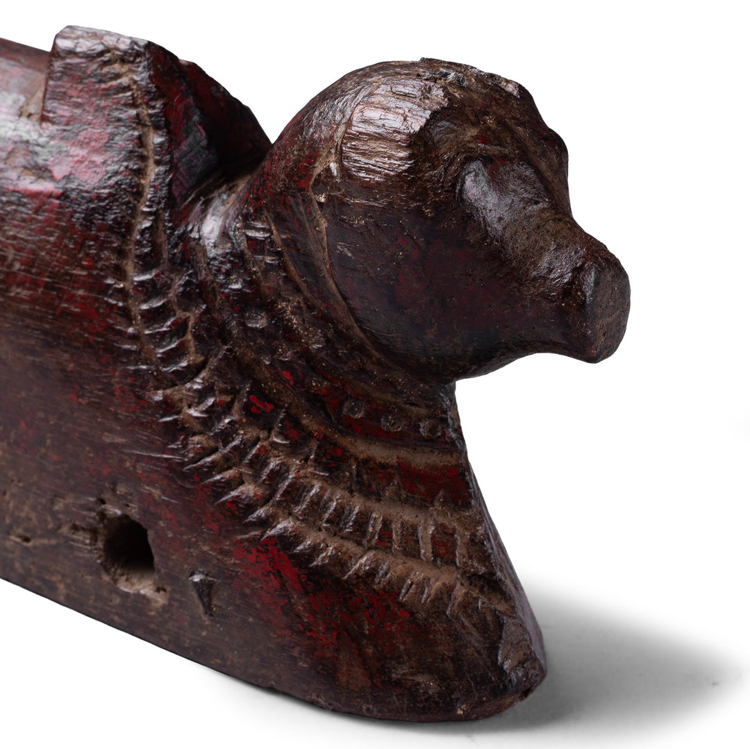 Carved Face Detail From Carved Teak Nandi Bull Toy From South India With Red Pigment Traces