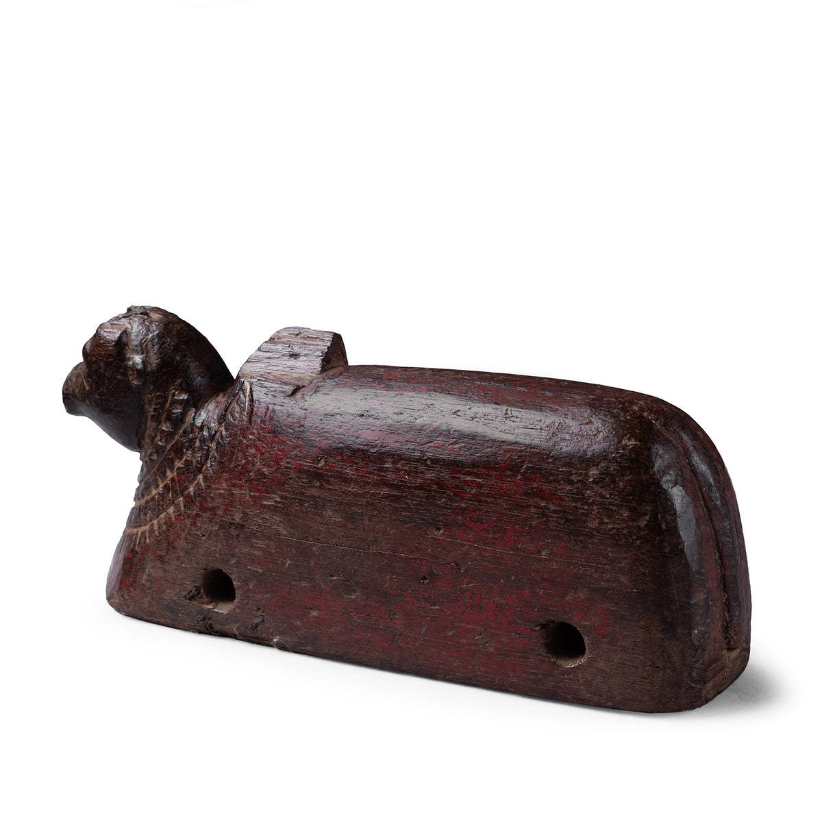 Back Of Carved Teak Nandi Bull Toy From South India With Red Pigment Traces
