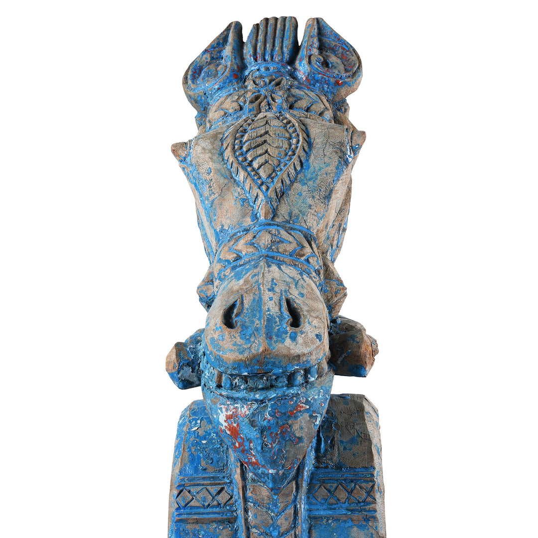 Face Detail From Antique Blue Painted Carved Horse Head Corbels | Indigo Antiques