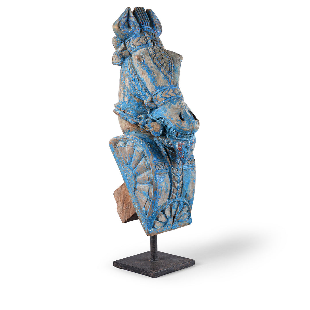 Angled VIew Of Antique Blue Painted Carved Horse Head Corbels | Indigo Antiques