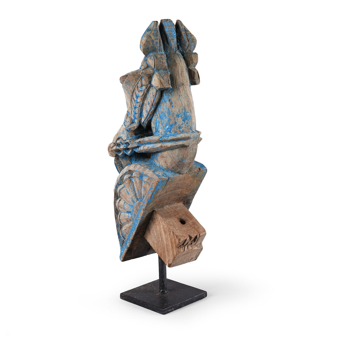 Rear View Of Antique Blue Painted Carved Horse Head Corbels | Indigo Antiques