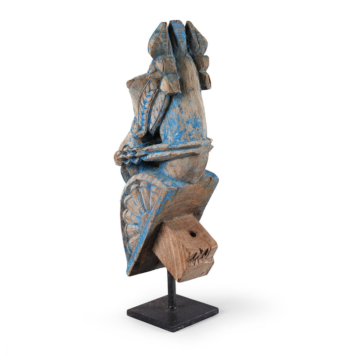 Rear View Of Antique Blue Painted Carved Horse Head Corbels | Indigo Antiques