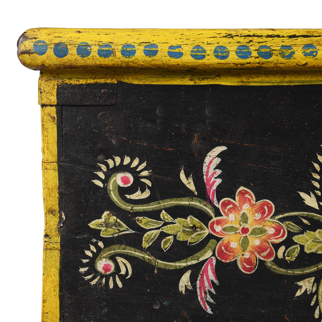 Corner Detail Showing Yellow Border And Floral Paintwork On Antique Indian Painted Chest From Rajasthan | Indigo Antiques