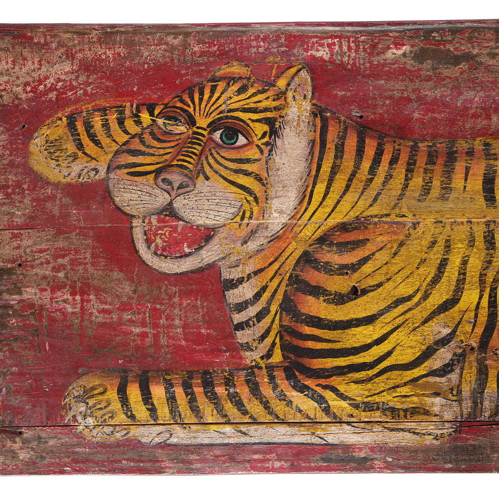 Face Detail From Vintage Red Painted Tiger Panel | INDIGO ANTIQUES