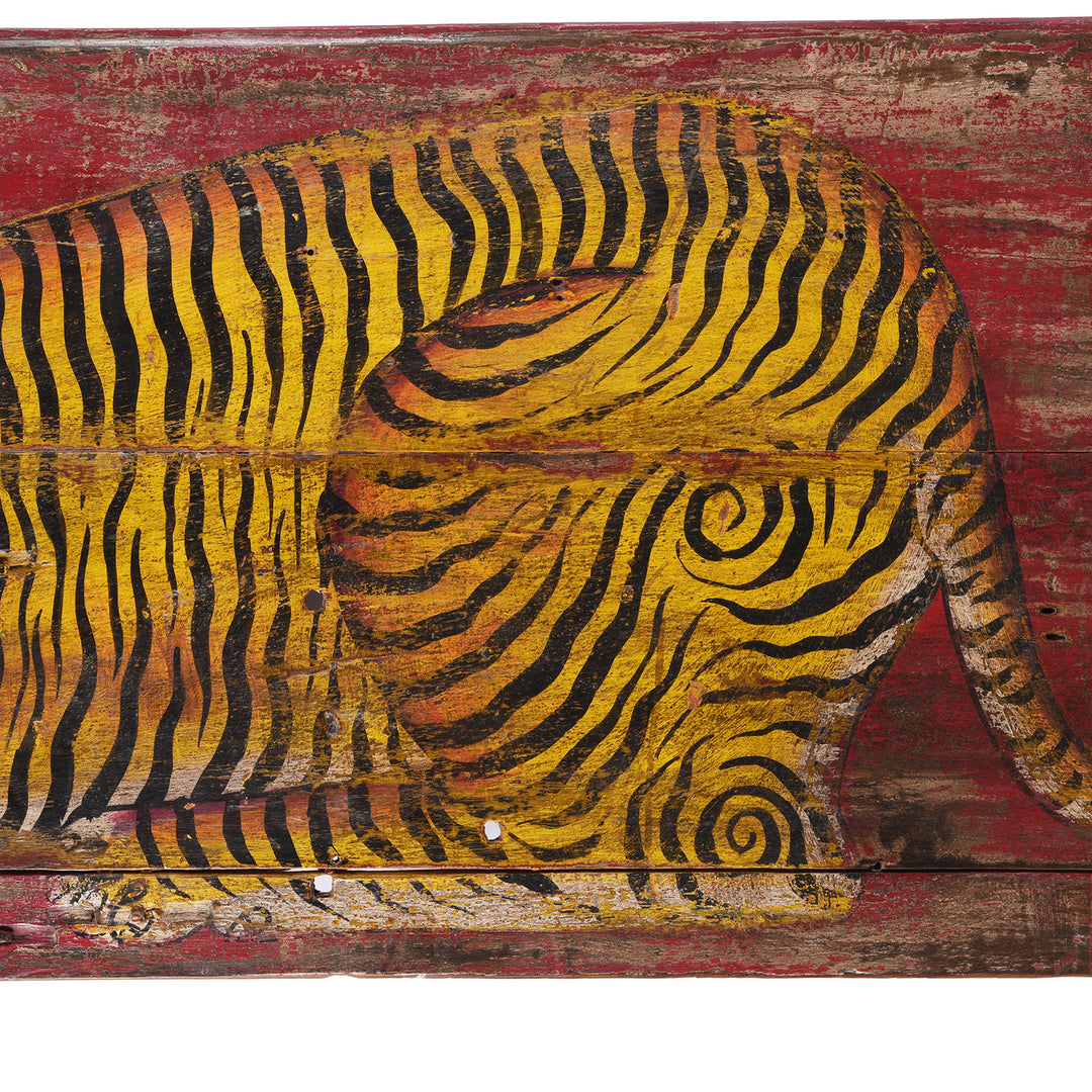 Paintwork Detail From Vintage Red Painted Tiger Panel | INDIGO ANTIQUES