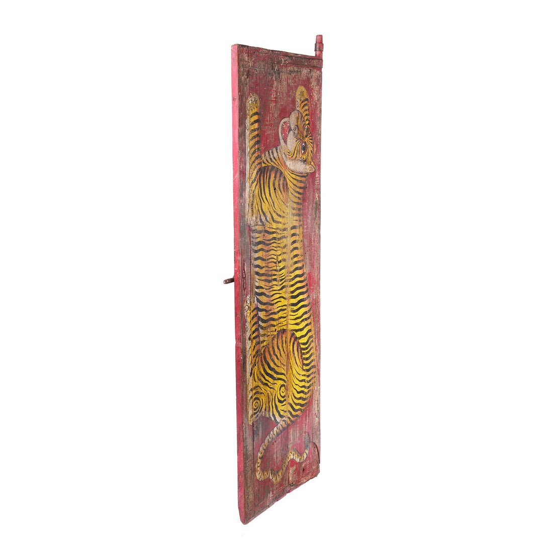 Angled View Of Vintage Red Painted Tiger Panel | INDIGO ANTIQUES