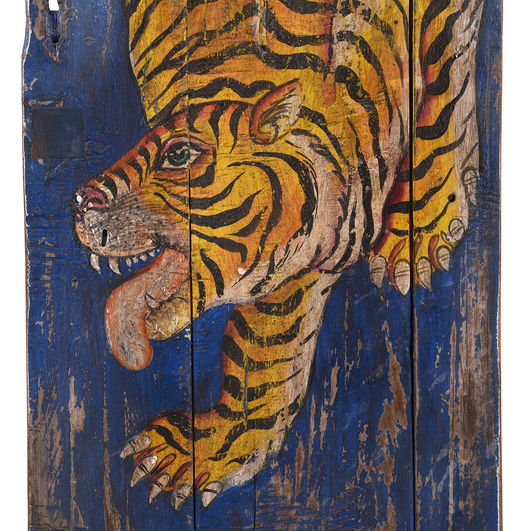 Face Detail From Vintage Indian Blue Painted Tiger Panel | Indigo Antiques