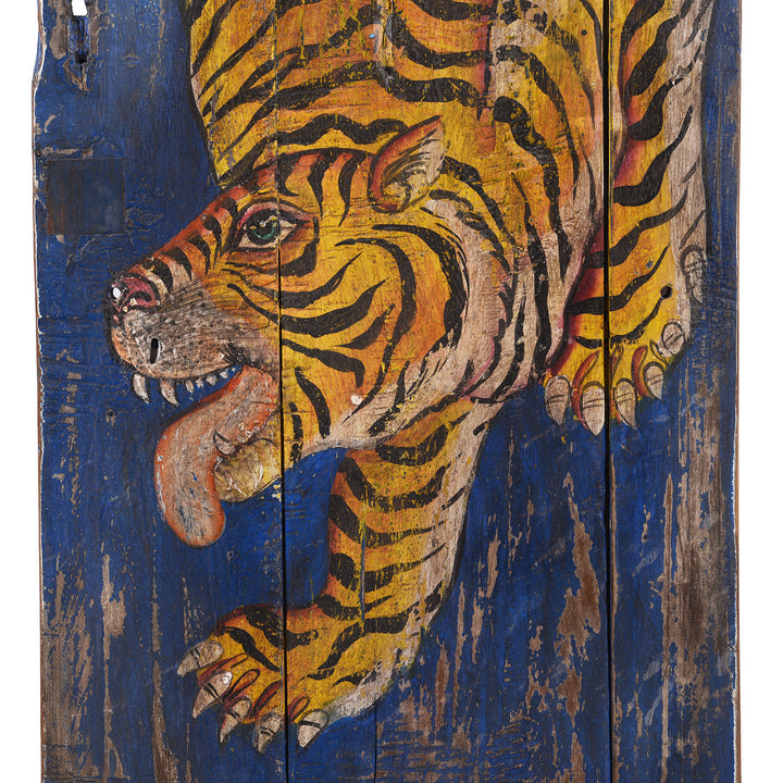 Face Detail From Vintage Indian Blue Painted Tiger Panel | Indigo Antiques