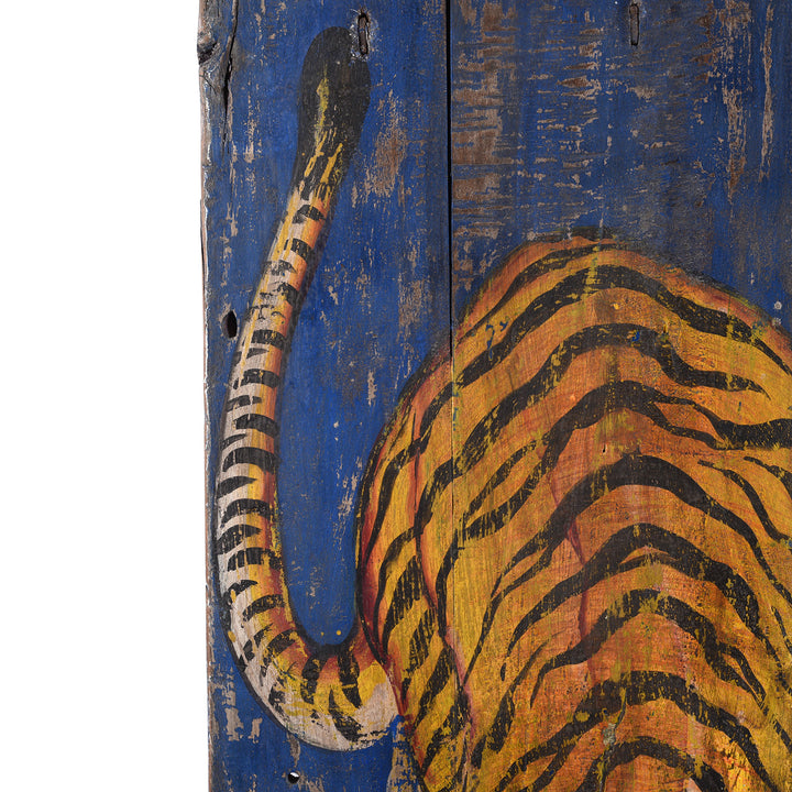 Tail Detail From Vintage Indian Blue Painted Tiger Panel | Indigo Antiques