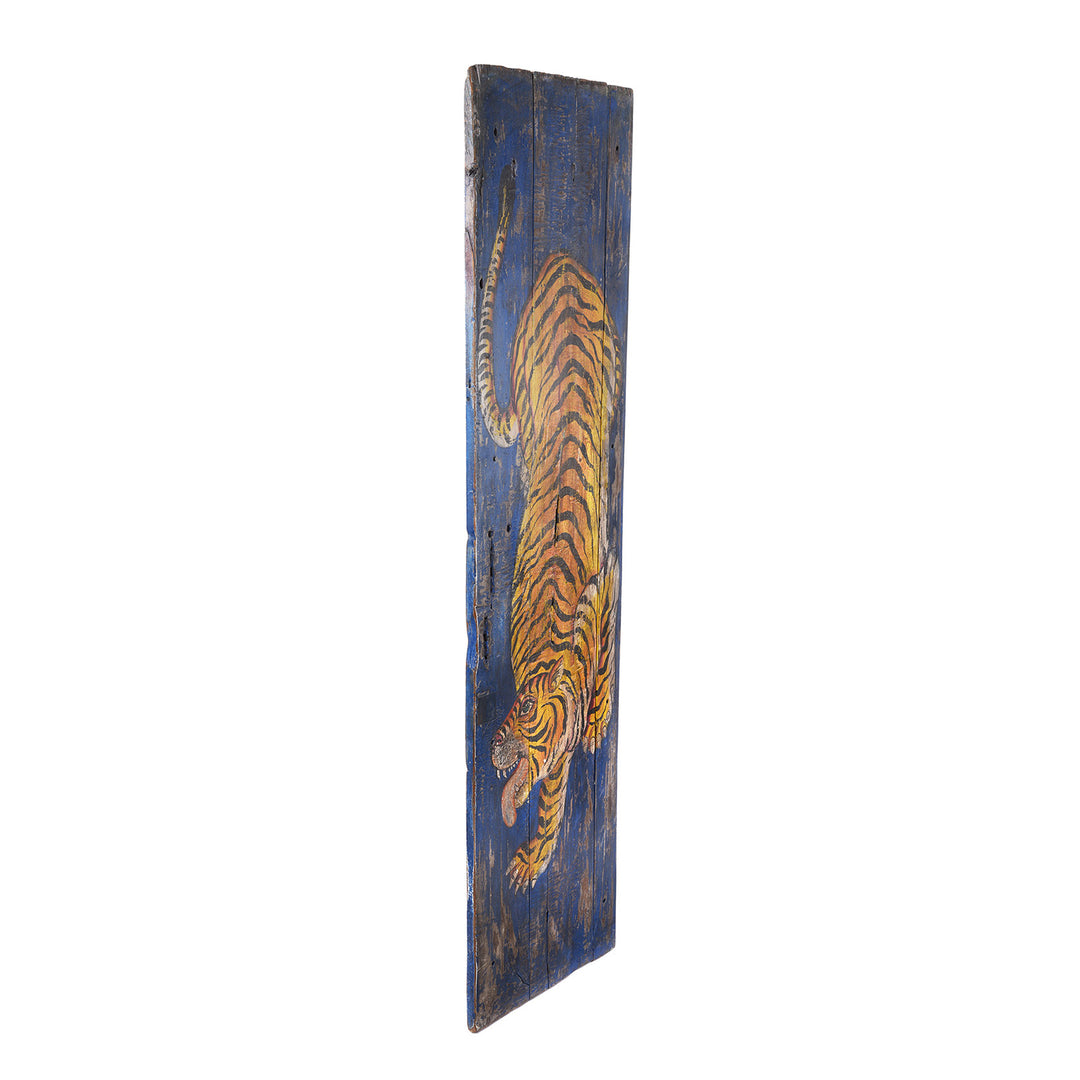 Angled View Of Vintage Indian Blue Painted Tiger Panel | Indigo Antiques