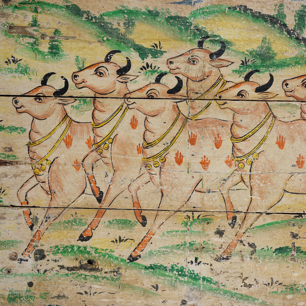 Nandi Detail From Vintage Horizontal Painted Nandi Bull Panel On Reclaimed Wooden Door With Aged Crackled Surface | Indigo Antiques