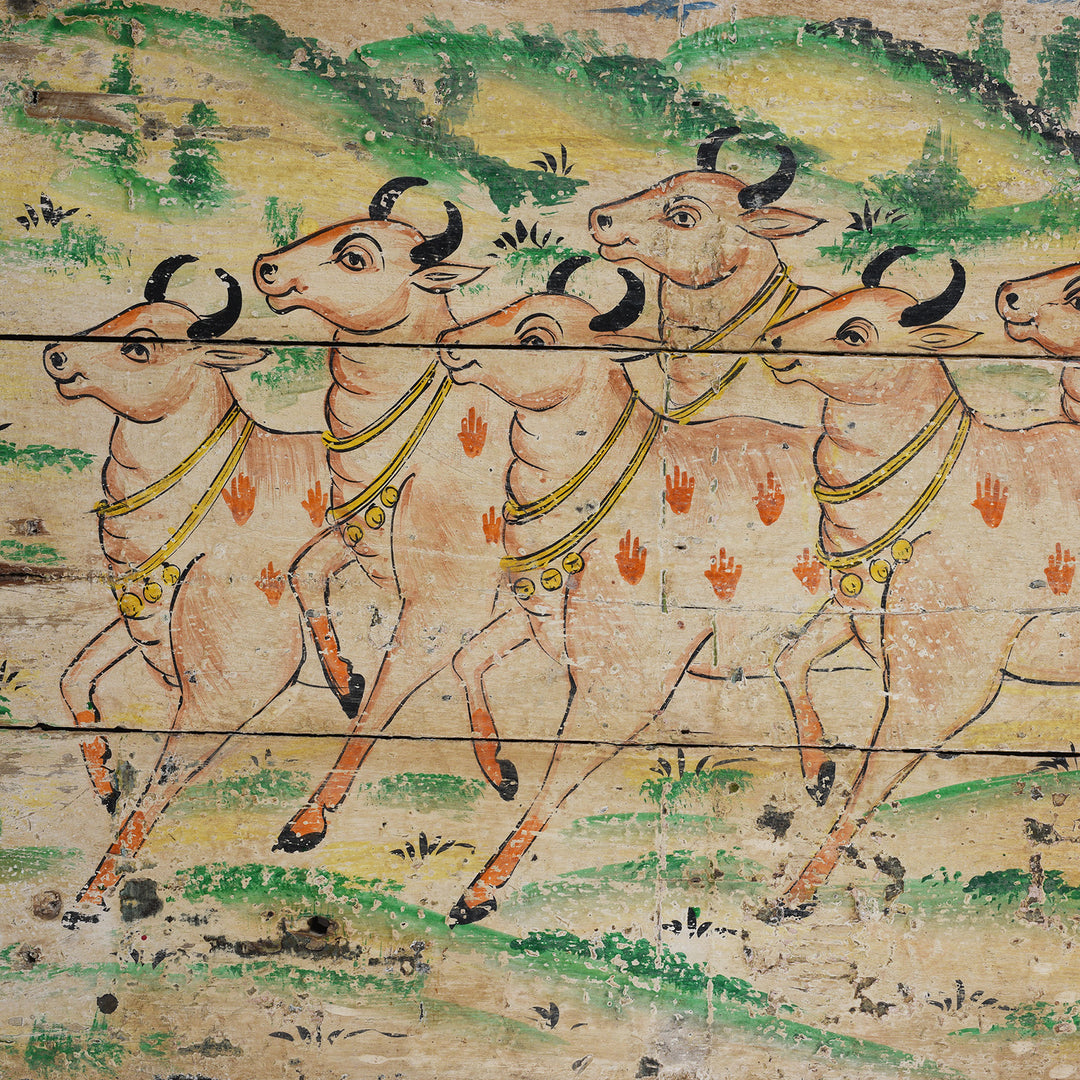 Nandi Detail From Vintage Horizontal Painted Nandi Bull Panel On Reclaimed Wooden Door With Aged Crackled Surface | Indigo Antiques