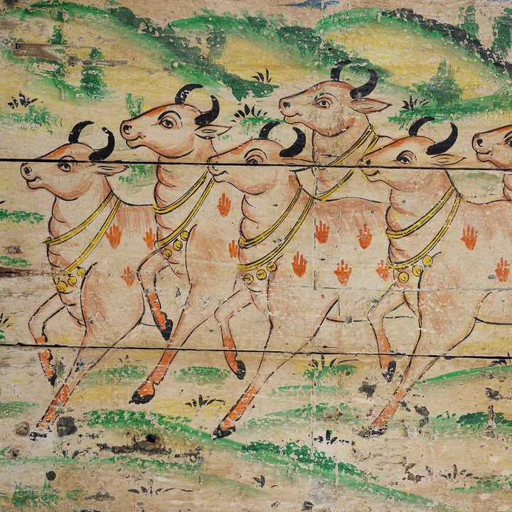 Nandi Detail From Vintage Horizontal Painted Nandi Bull Panel On Reclaimed Wooden Door With Aged Crackled Surface | Indigo Antiques