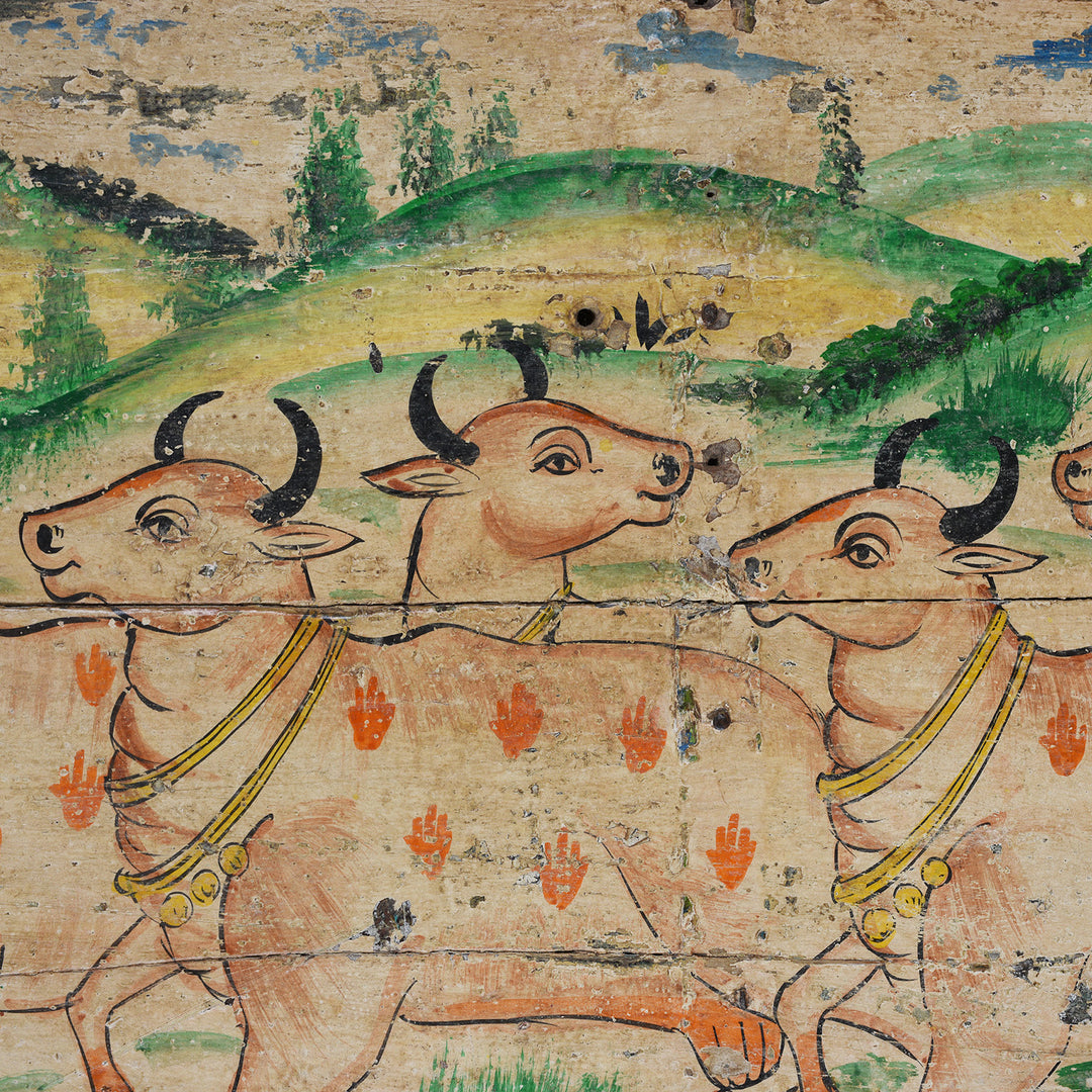 Nandi Detail From Vintage Horizontal Painted Nandi Bull Panel On Reclaimed Wooden Door With Aged Crackled Surface | Indigo Antiques