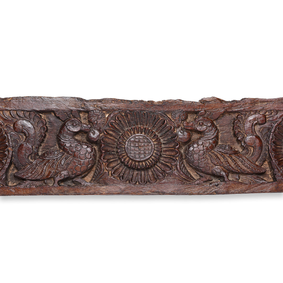 Detailed View Of Peacocks From Hand Carved Antique Indian Lintel Panel With Stylised Floral Rosettes And Mythical Bird Motifs