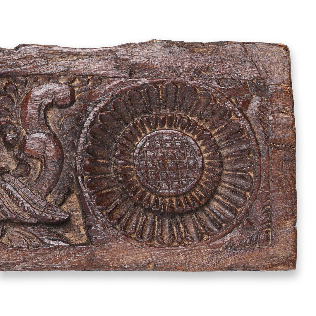 Detail View Of Floral Rosette From Hand Carved Antique Indian Lintel Panel With Stylised Floral Rosettes And Mythical Bird Motifs