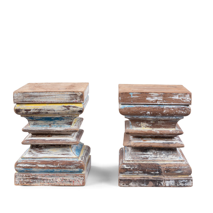 Painted Teak Column Side Table Made From Reclaimed Indian Pillar Capital