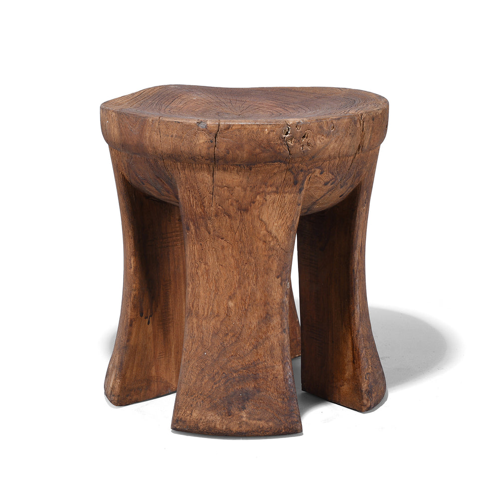 Antique Himachal Hand Carved Wooden Stool Circa 1900 With Sculptural Form And Rich Patina