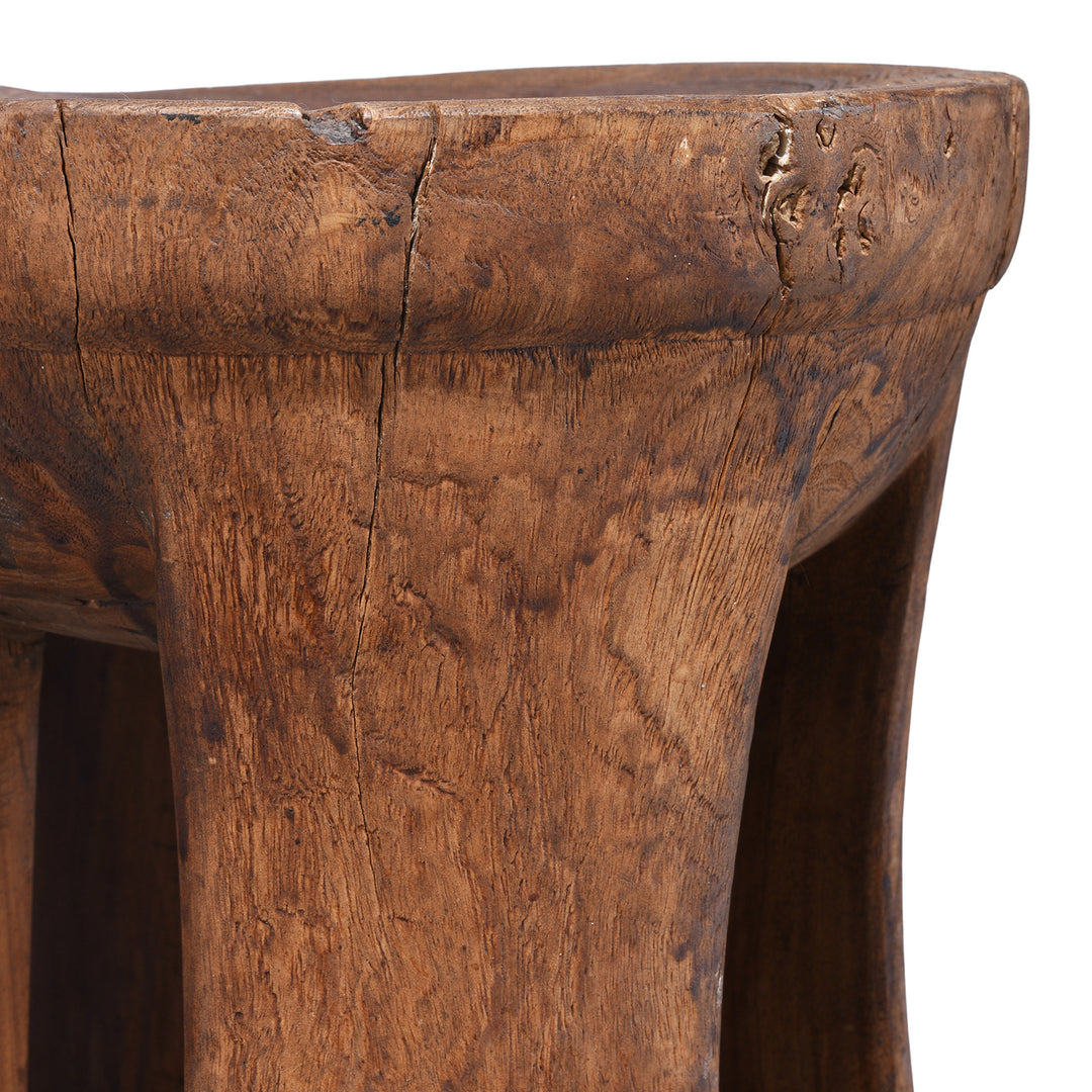Detail From Antique Himachal Hand Carved Wooden Stool Circa 1900 With Sculptural Form And Rich Patina