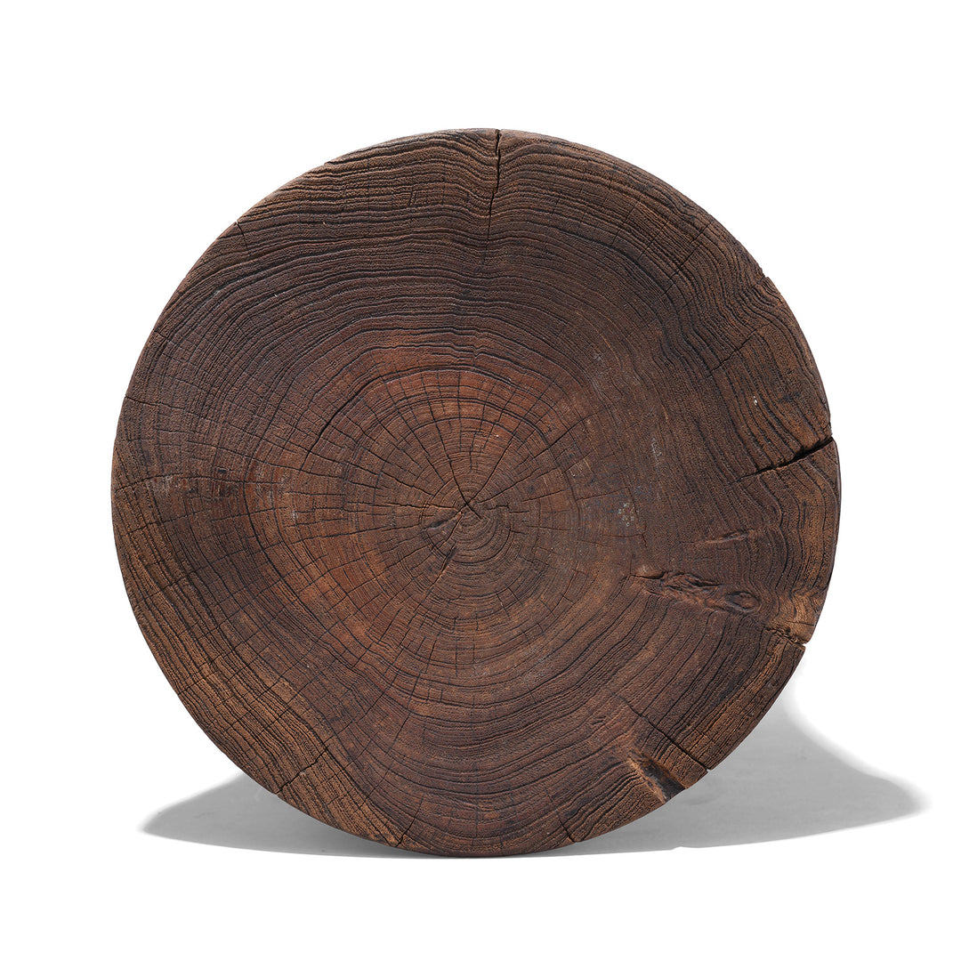 Top Down View Of Antique Himachal Hand Carved Wooden Stool Circa 1900 With Sculptural Form And Rich Patina