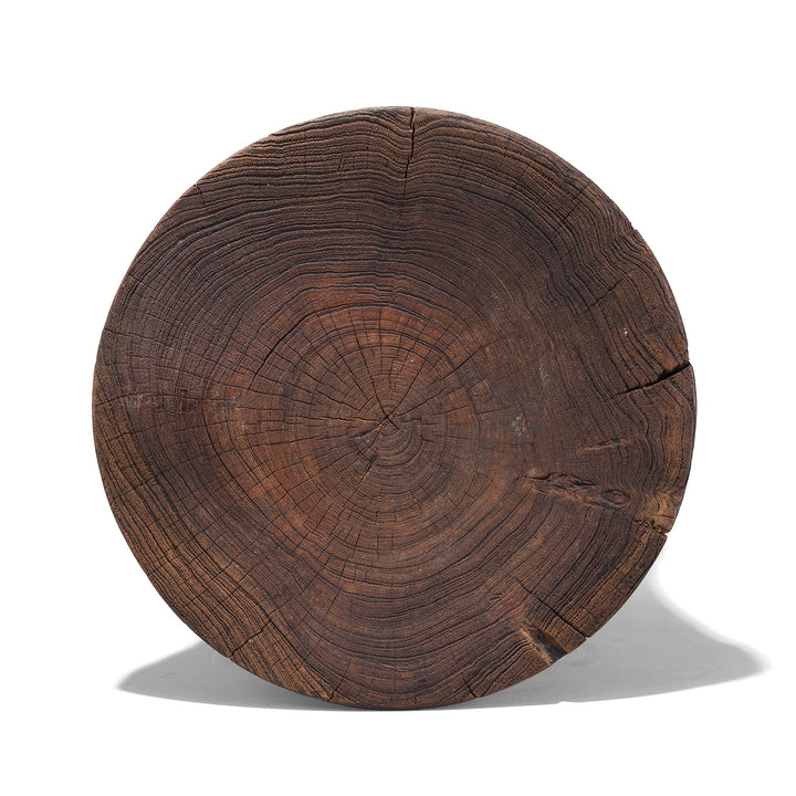 Top Down View Of Antique Himachal Hand Carved Wooden Stool Circa 1900 With Sculptural Form And Rich Patina