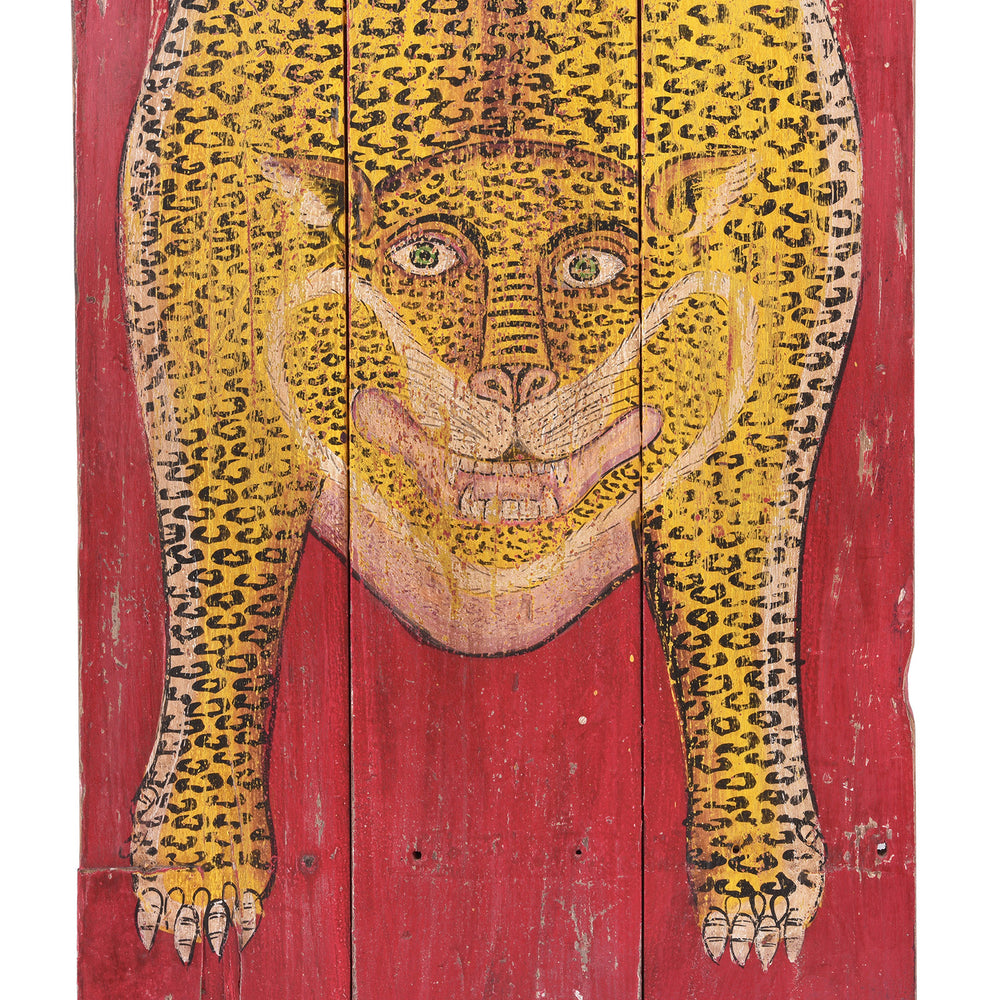 Face Detail From Vintage Painted Leopard Panel From Madhya Pradesh | INDIGO ANTIQUES