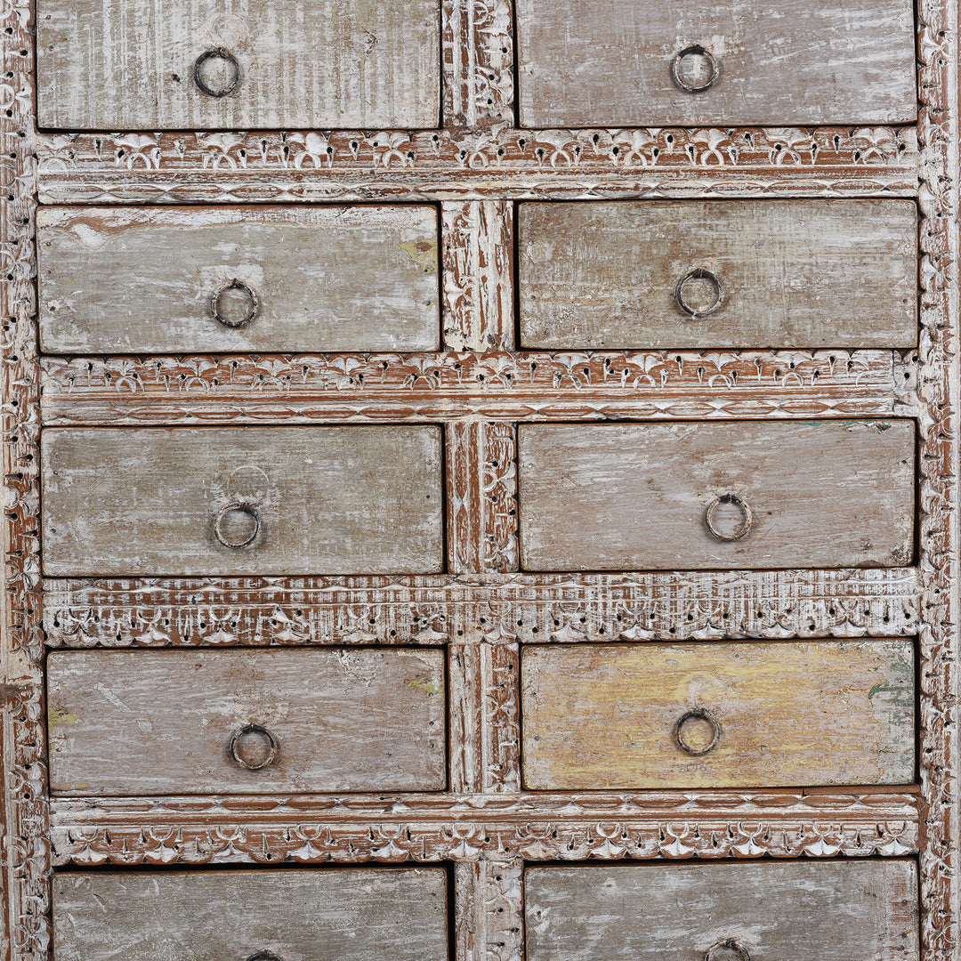 Drawer Detail From Reclaimed Teak Chest Of Drawers With Ten Drawers And Hand Carved Detailing In Distressed White Finish | Indigo Antiques