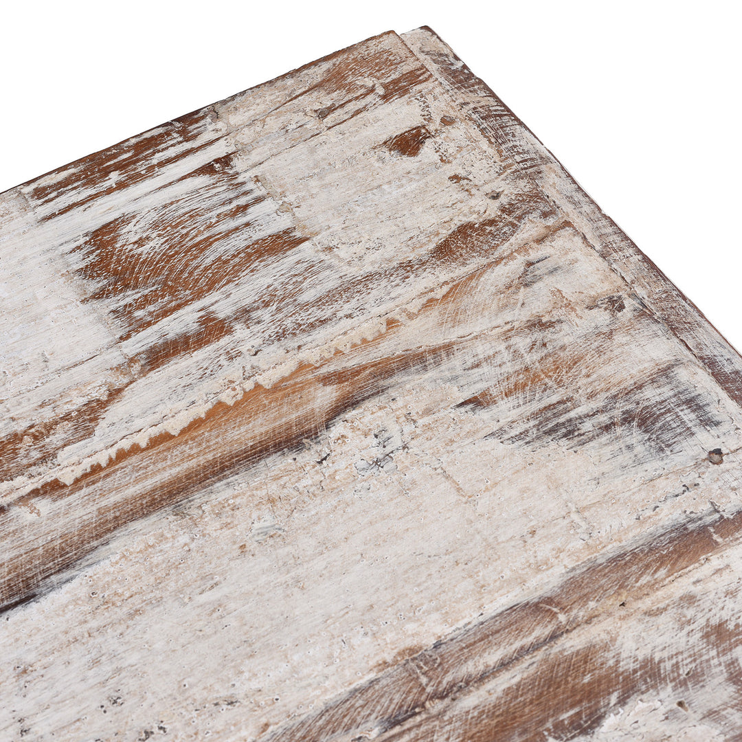 Detail From Top Of Reclaimed Teak Chest Of Drawers With Ten Drawers And Hand Carved Detailing In Distressed White Finish | Indigo Antiques