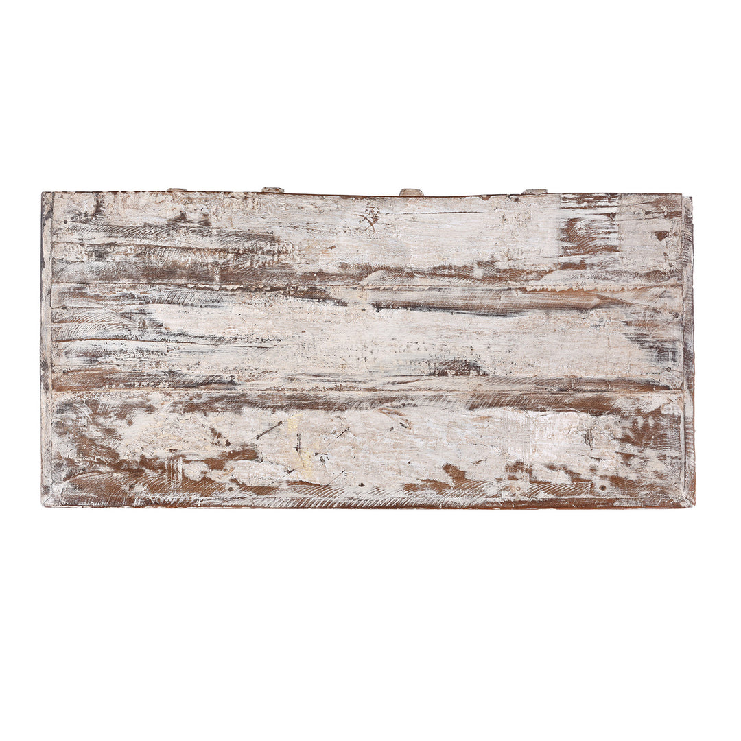 Top Down View Of Reclaimed Teak Chest Of Drawers With Ten Drawers And Hand Carved Detailing In Distressed White Finish | Indigo Antiques